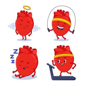 set of cute hand drawn human hearts flying as angel jumping with skipping rope sleeping running on treadmill min 1